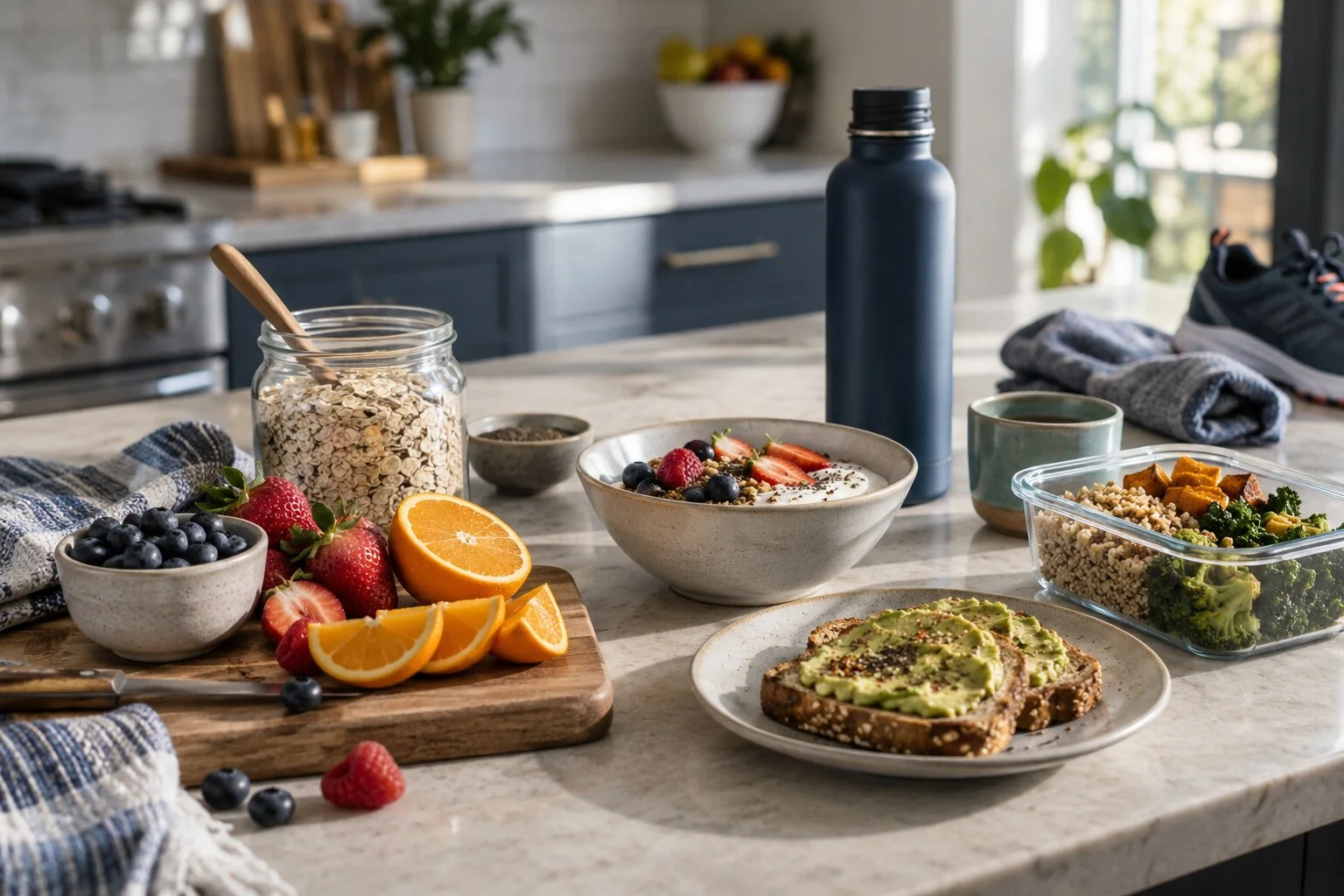A practical performance fueling spread with colorful whole foods